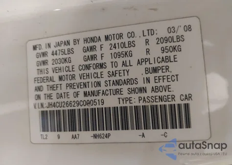 2009 Acura Tsx from USA, damaged, VIN JH4CU26629C000519
